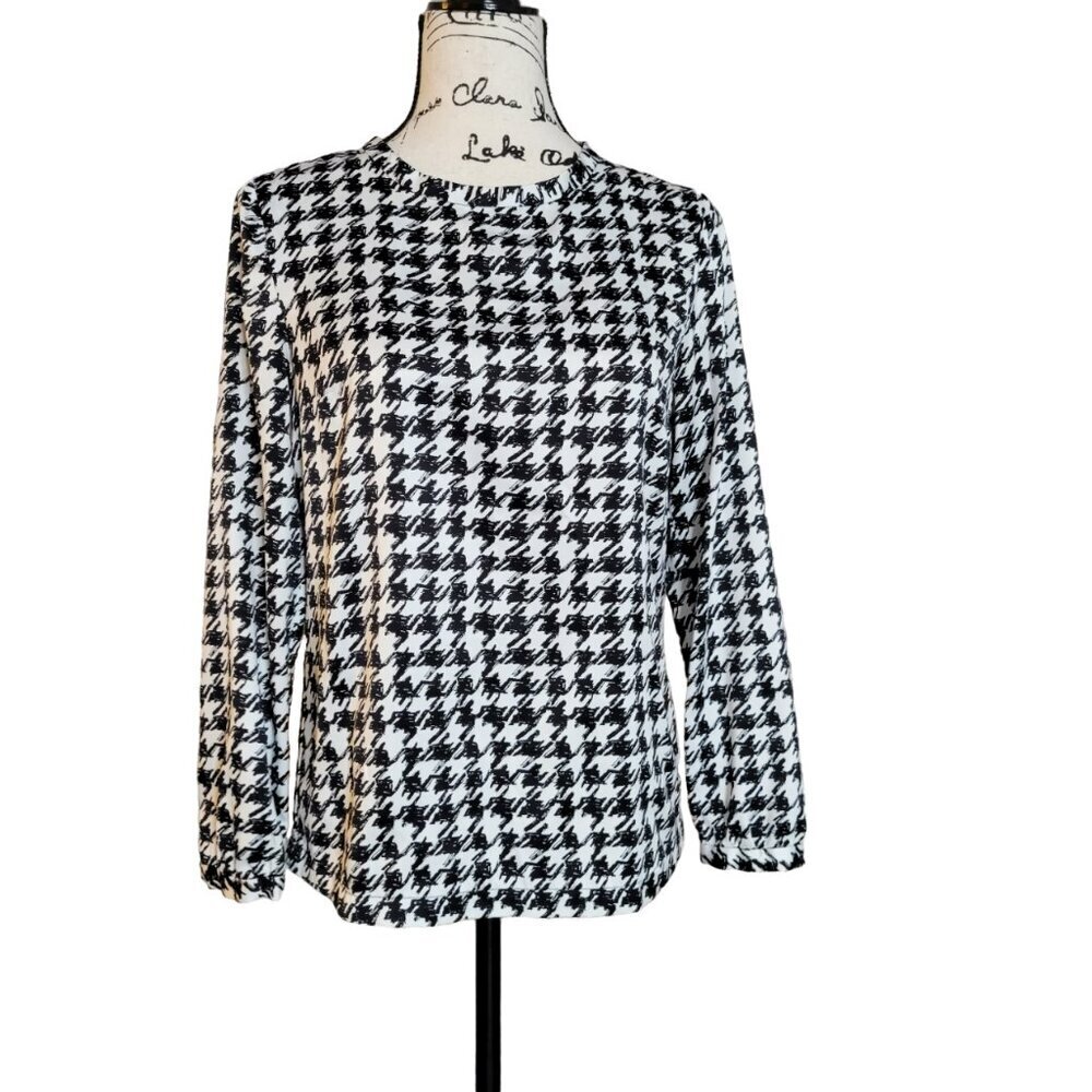 Pendleton Black and White Houndstooth Long Sleeve Blouse Top - Size 4 Petite
